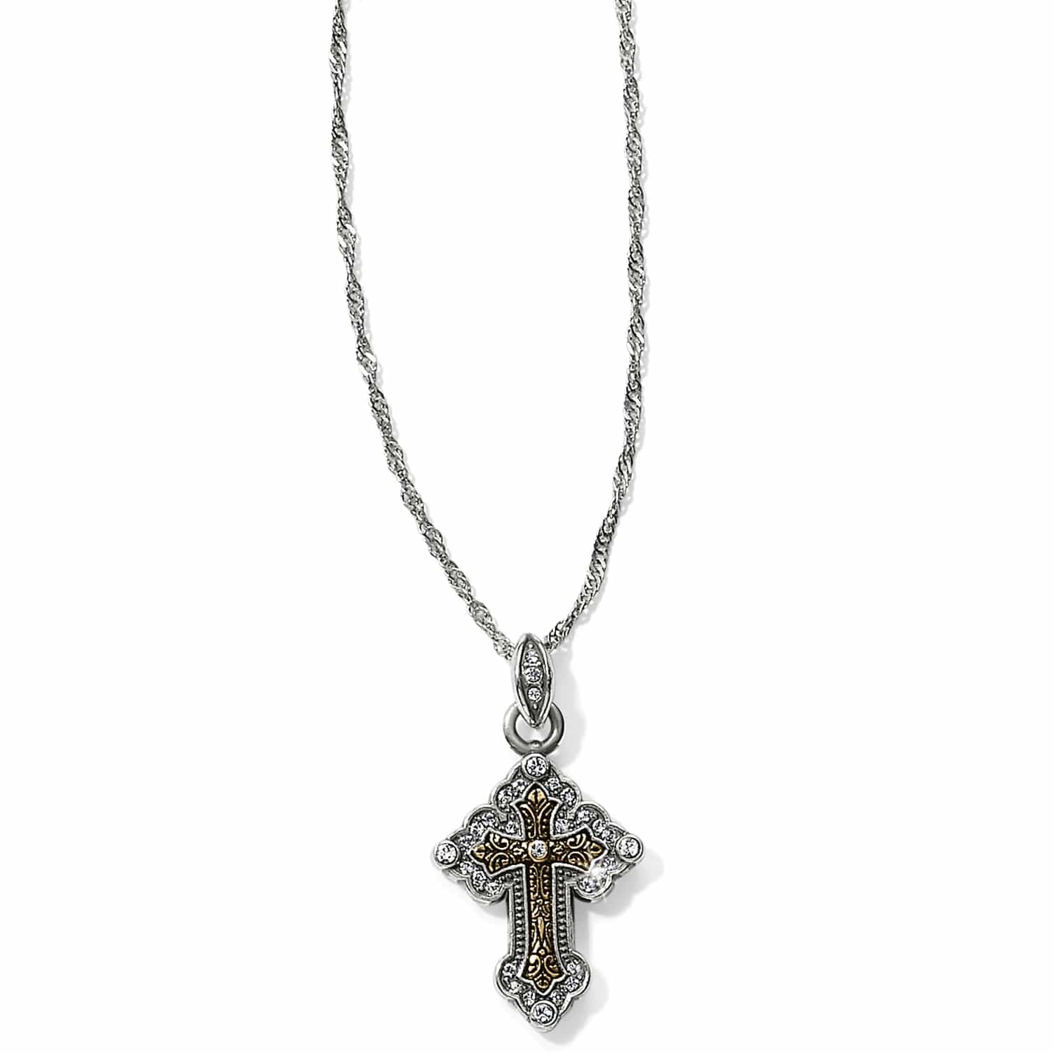 Brighton pendant necklace with two-tone cross featuring crystal accents and gold scrollwork on a white background