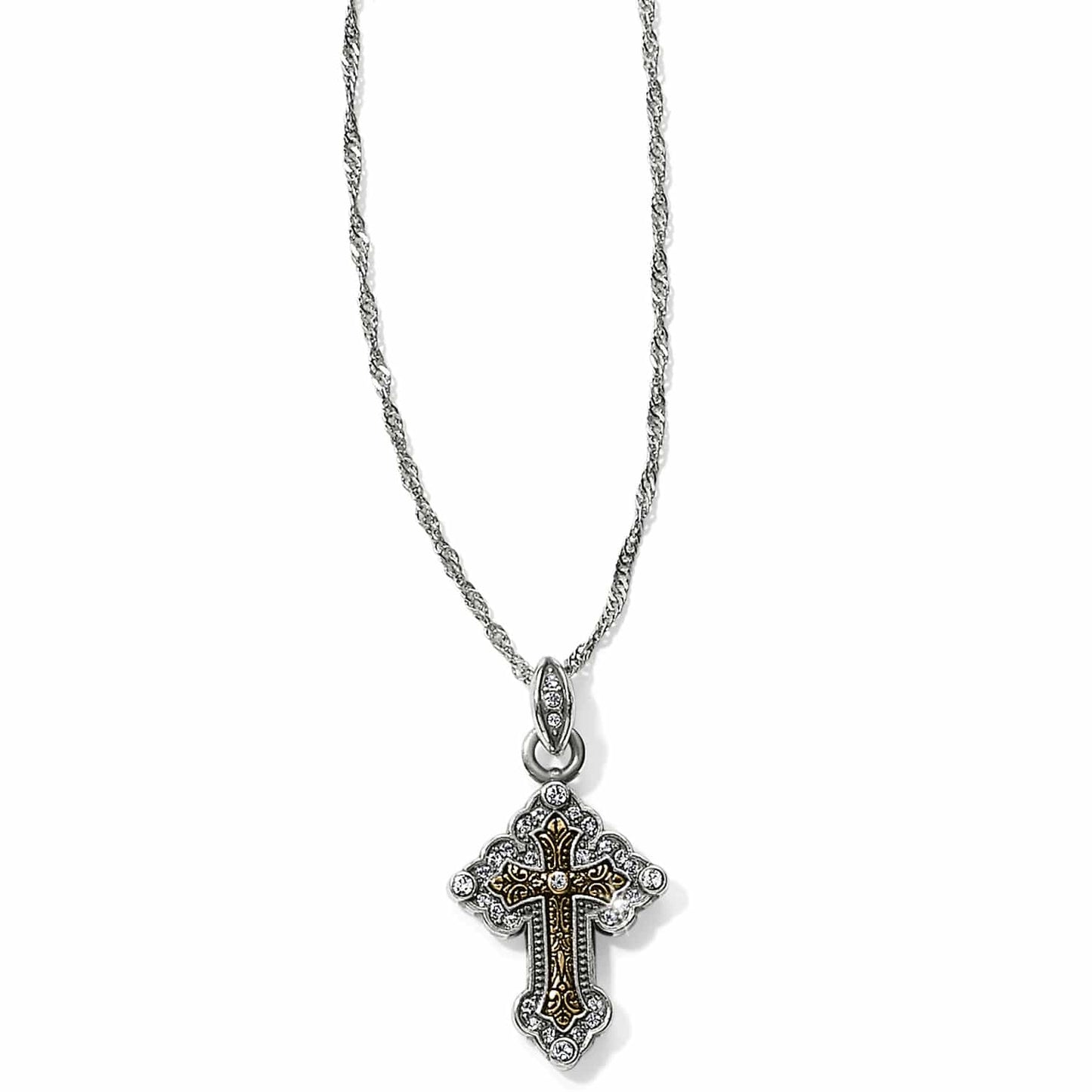 Brighton pendant necklace with two-tone cross featuring crystal accents and gold scrollwork on a white background