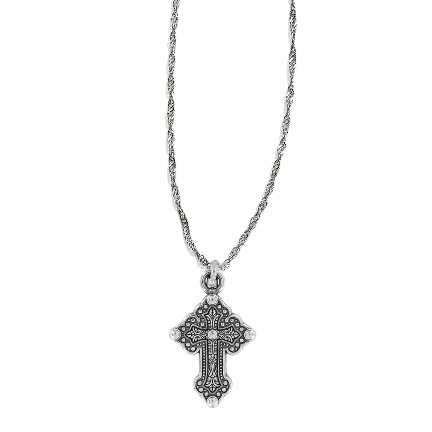Brighton pendant necklace with ornate two-tone cross featuring scrollwork and crystal accents on a white background