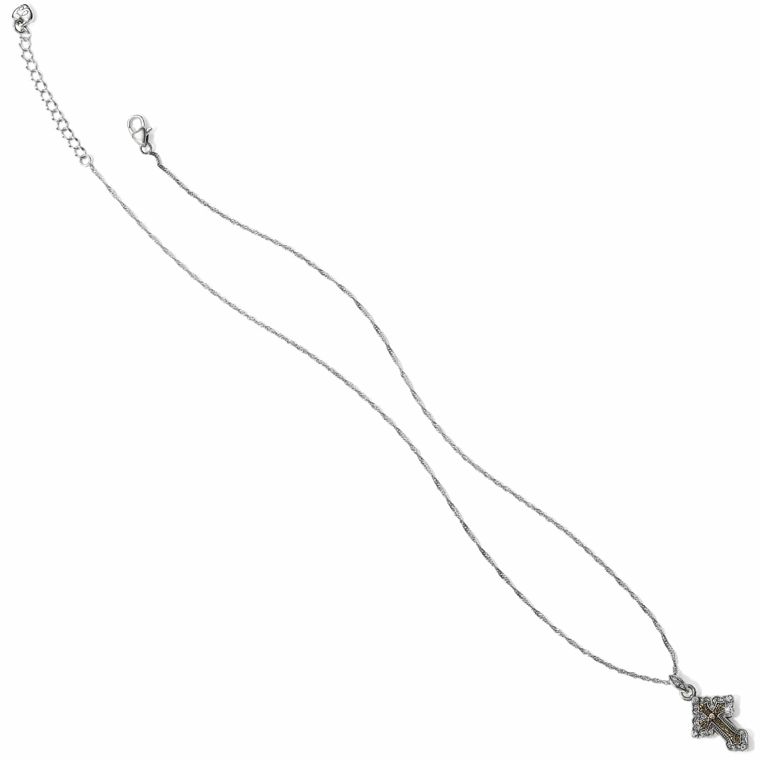 Brighton pendant necklace with two-tone cross pendant, crystal accents, and twisted silver-tone chain on a white background