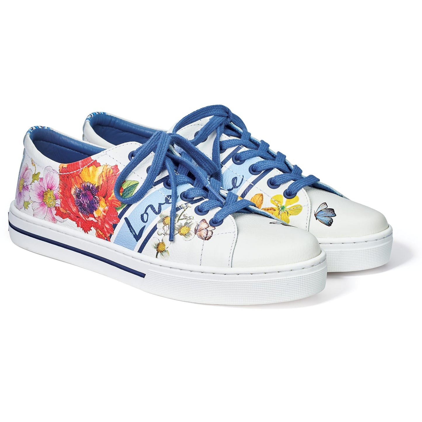 Brighton white leather sneakers with floral print, butterfly accents, and blue laces on a white background