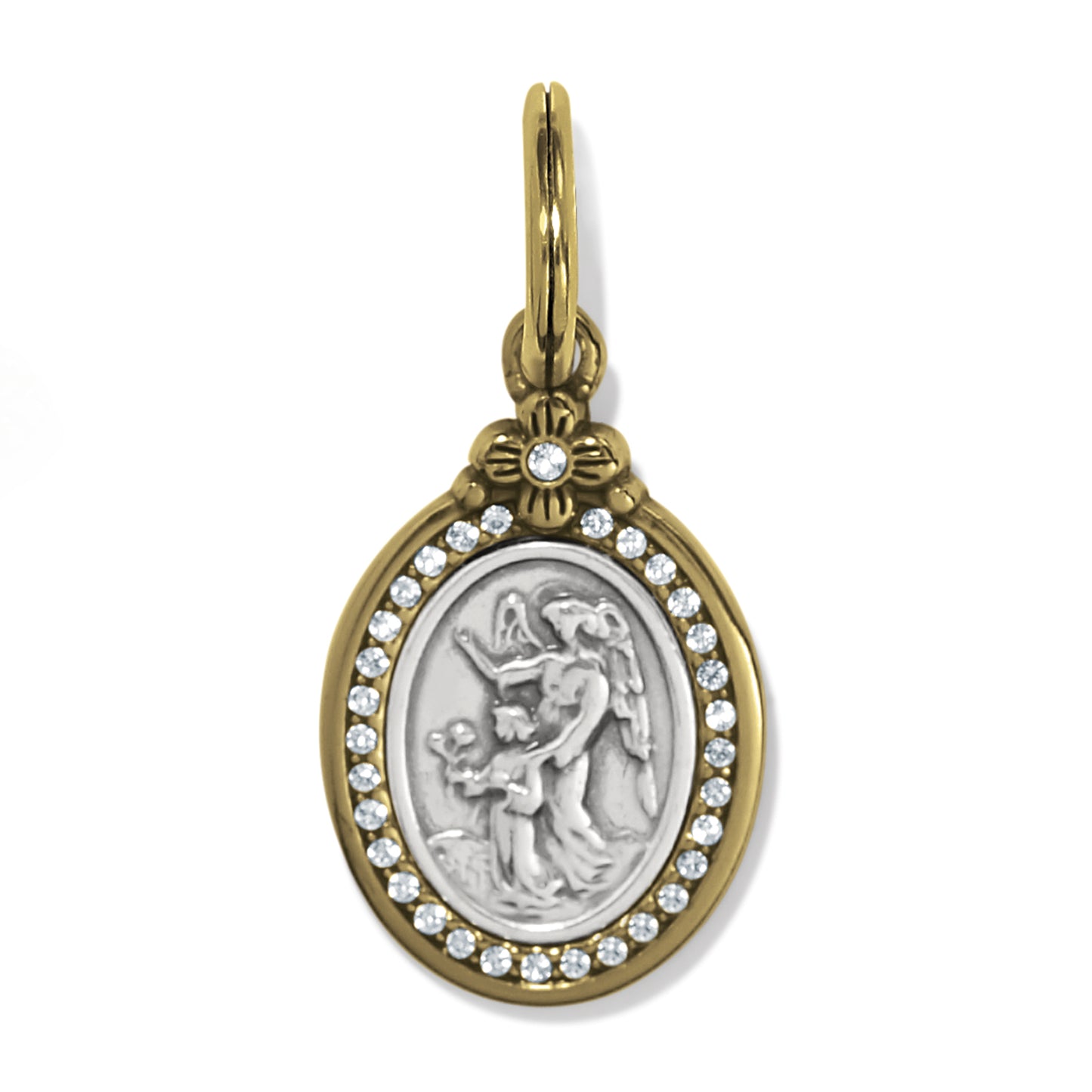 Brighton oval charm with silver angel medallion, two-tone crystal frame, and floral accent on a white background