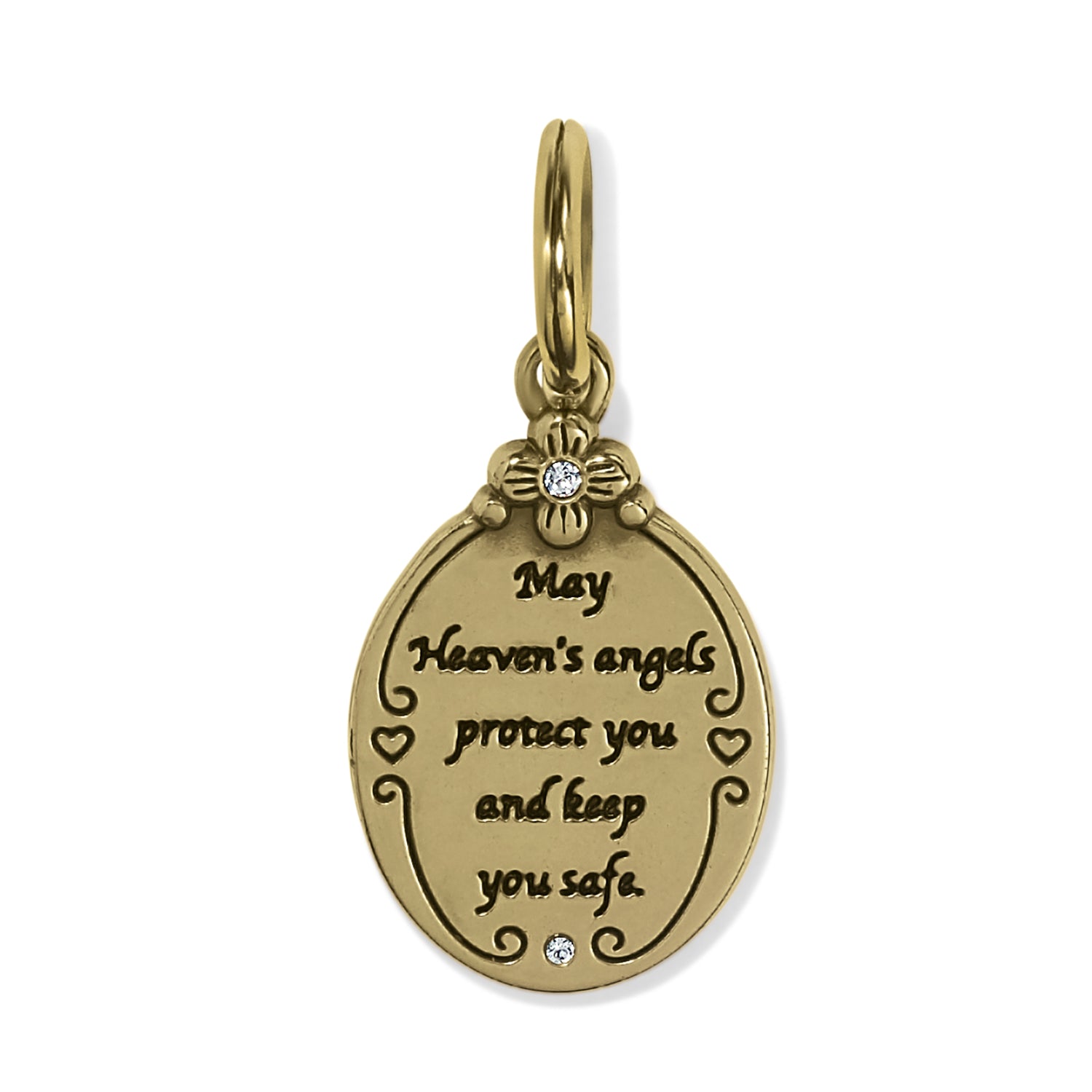 Brighton oval charm with engraved inspirational message, flower accent, and crystal details in gold-tone finish on a white background