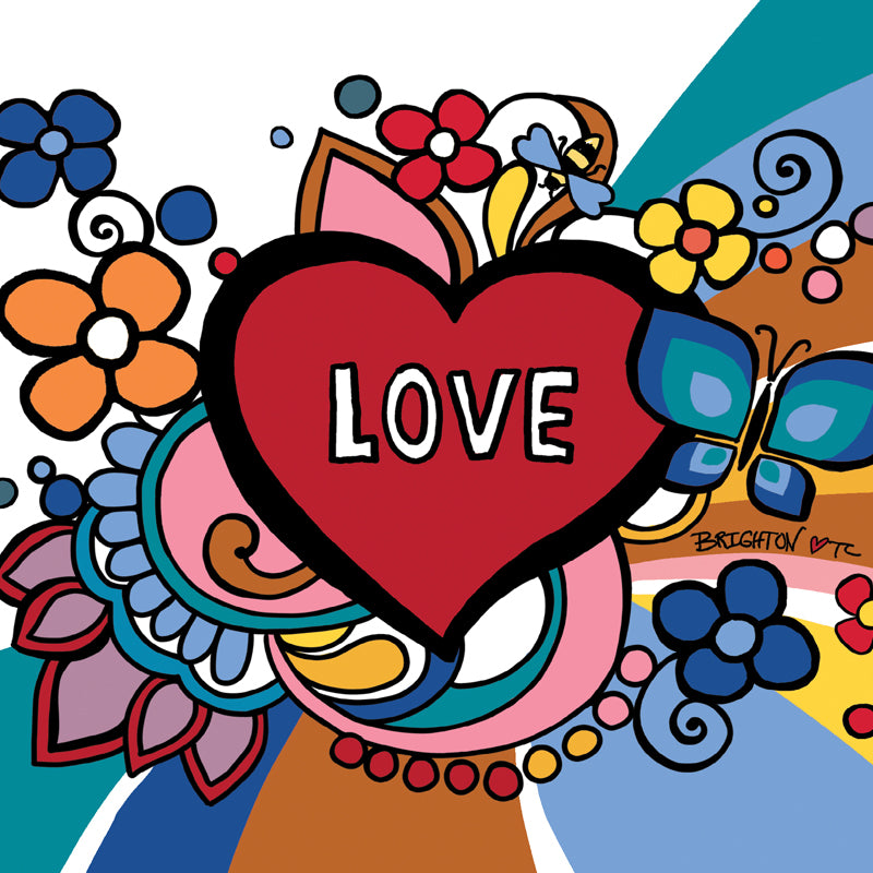 Featured design showing a heart, flowers, butterflies, the word love