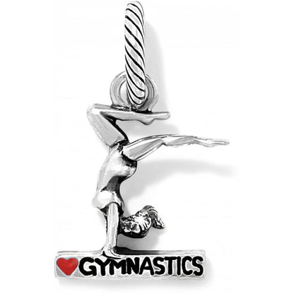 Brighton gymnast charm with silver-plated handstand figure and red heart beside GYMNASTICS lettering on a white background