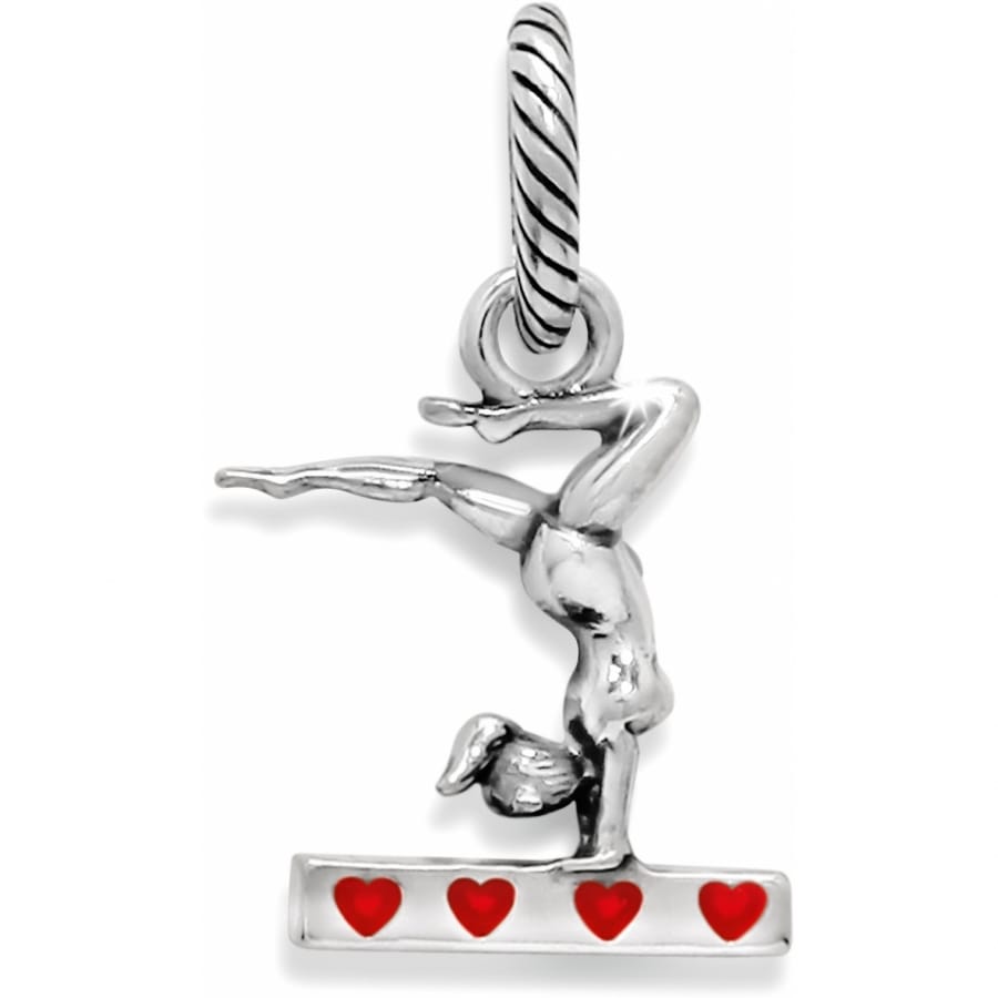 Brighton gymnast charm with silver-plated finish and red enamel hearts on balance beam on a white background