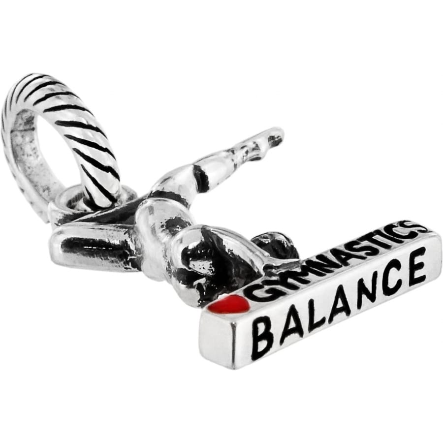Brighton gymnast charm with silver-plated finish and Gymnastics Balance engraved beam with red accent on a white background