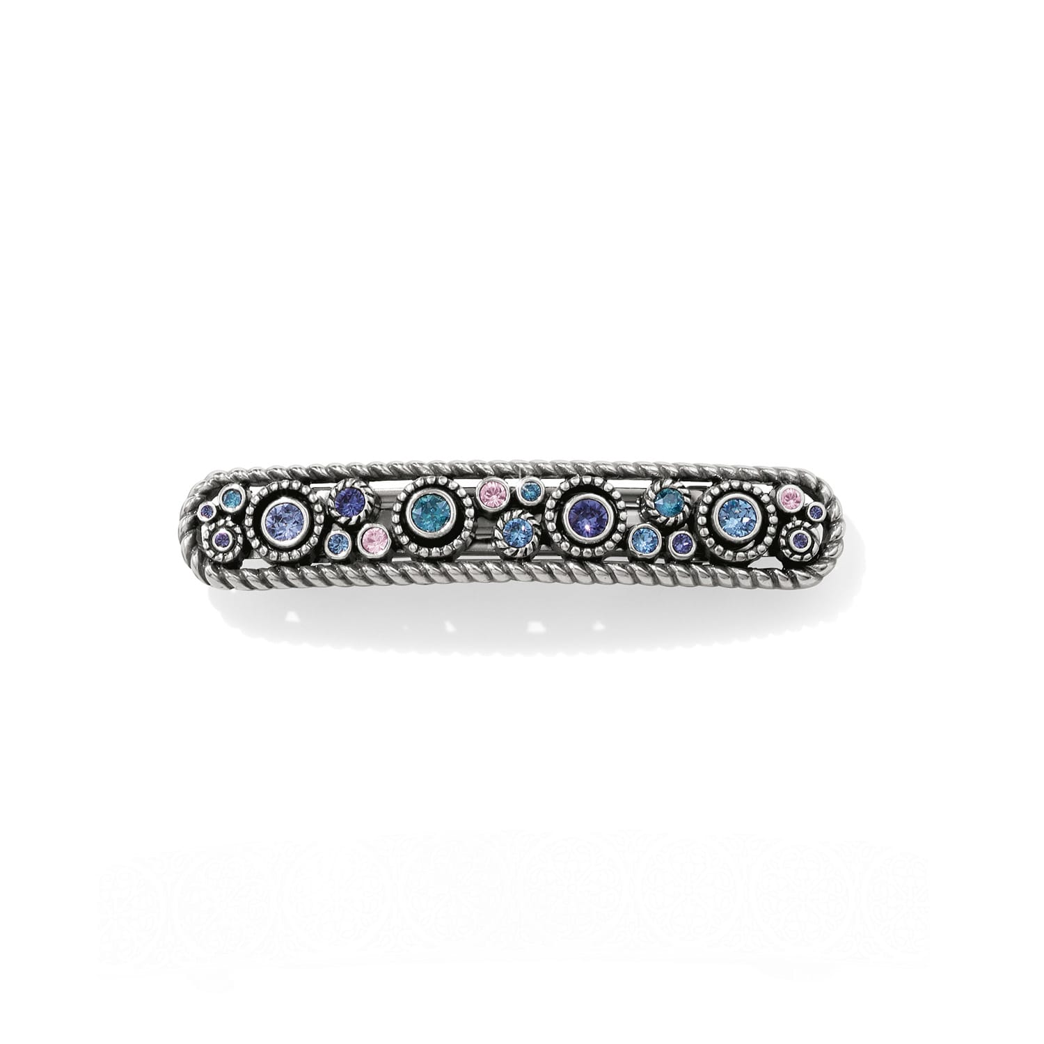 Brighton silver-plated hair barrette with blue, purple, and pink crystals framed by rope-twist edges on a white background