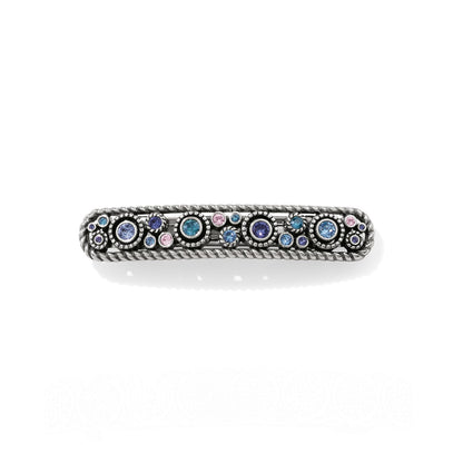 Brighton silver-plated hair barrette with blue, purple, and pink crystals framed by rope-twist edges on a white background