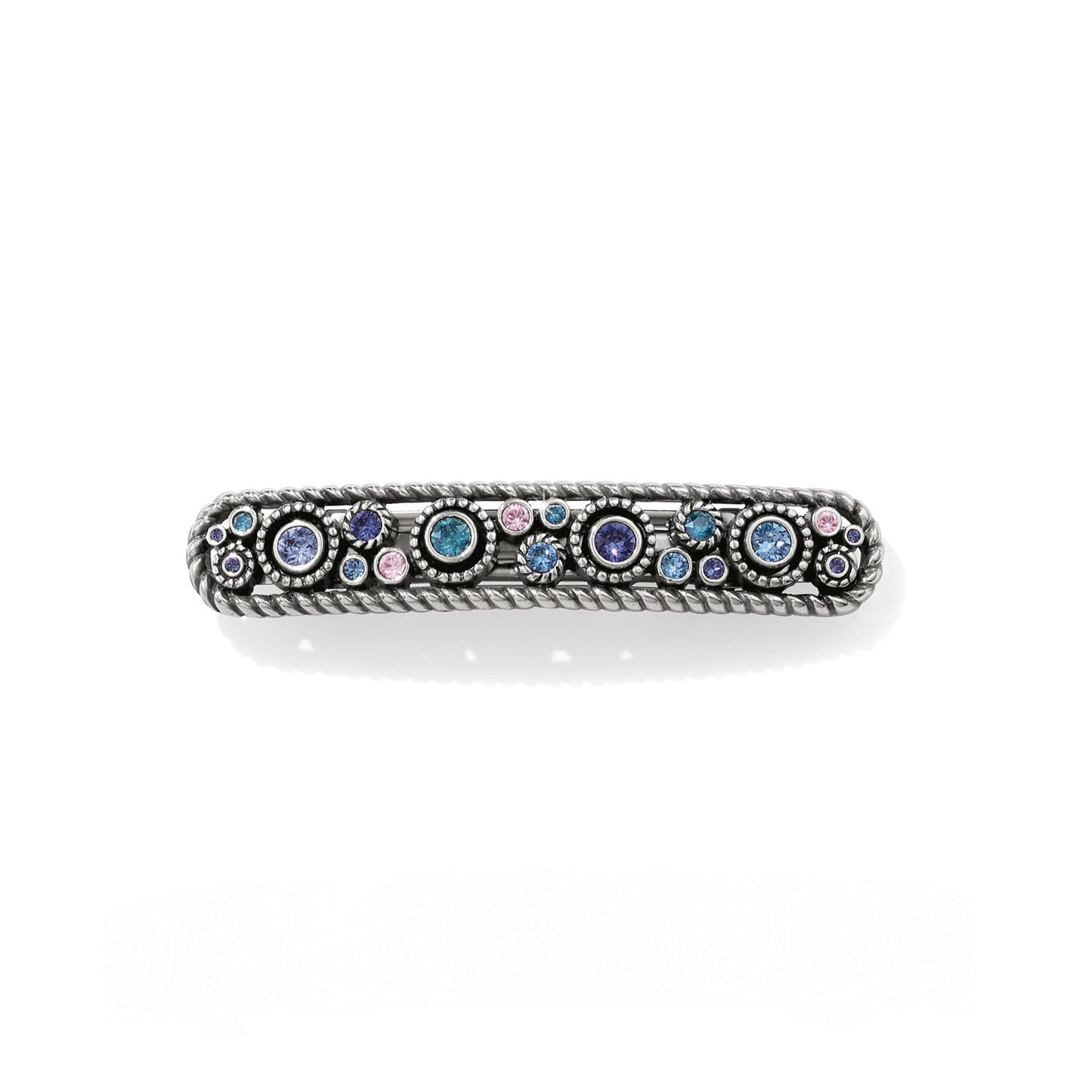 Brighton silver-plated hair barrette with blue, purple, and pink crystals framed by rope-twist edges on a white background