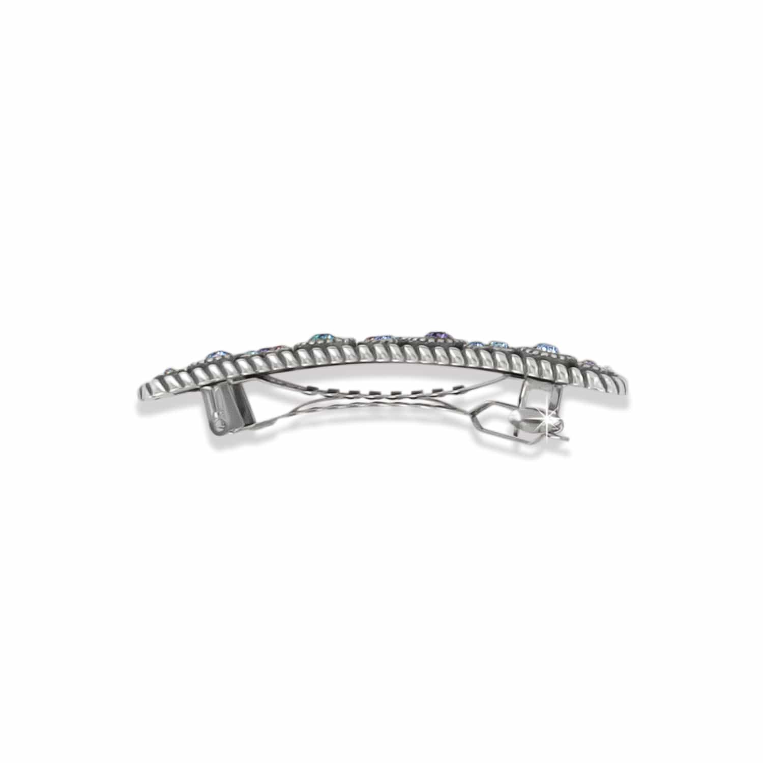 Brighton hair barrette shown from the back with silver-plated clasp mechanism and crystal-topped edge on a white background