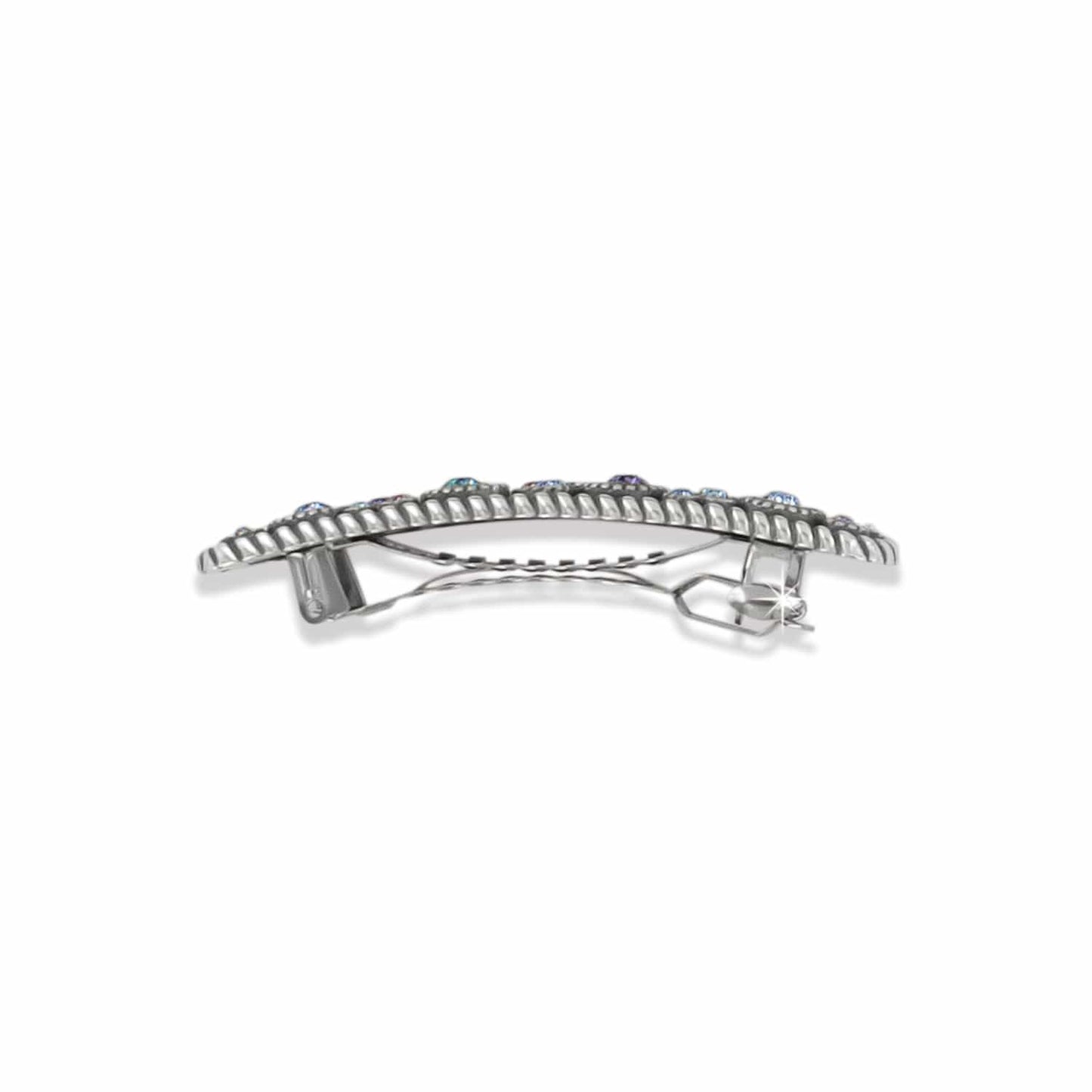 Brighton hair barrette shown from the back with silver-plated clasp mechanism and crystal-topped edge on a white background