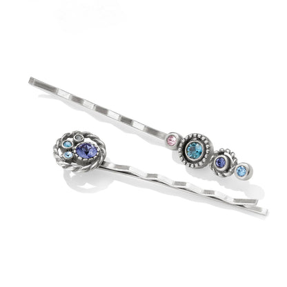 Brighton silver-plated hair pins with blue, purple, and pink crystal clusters and rope detailing on a white background