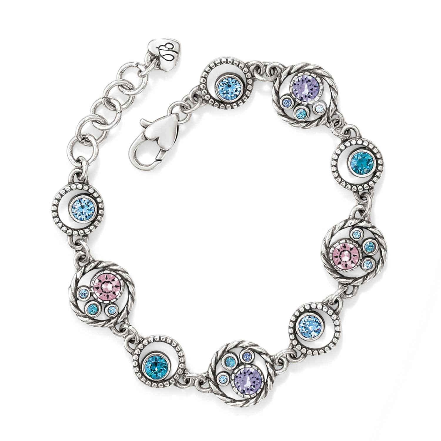 Brighton silver-plated bracelet with circular links featuring blue, pink, and purple crystals on a white background