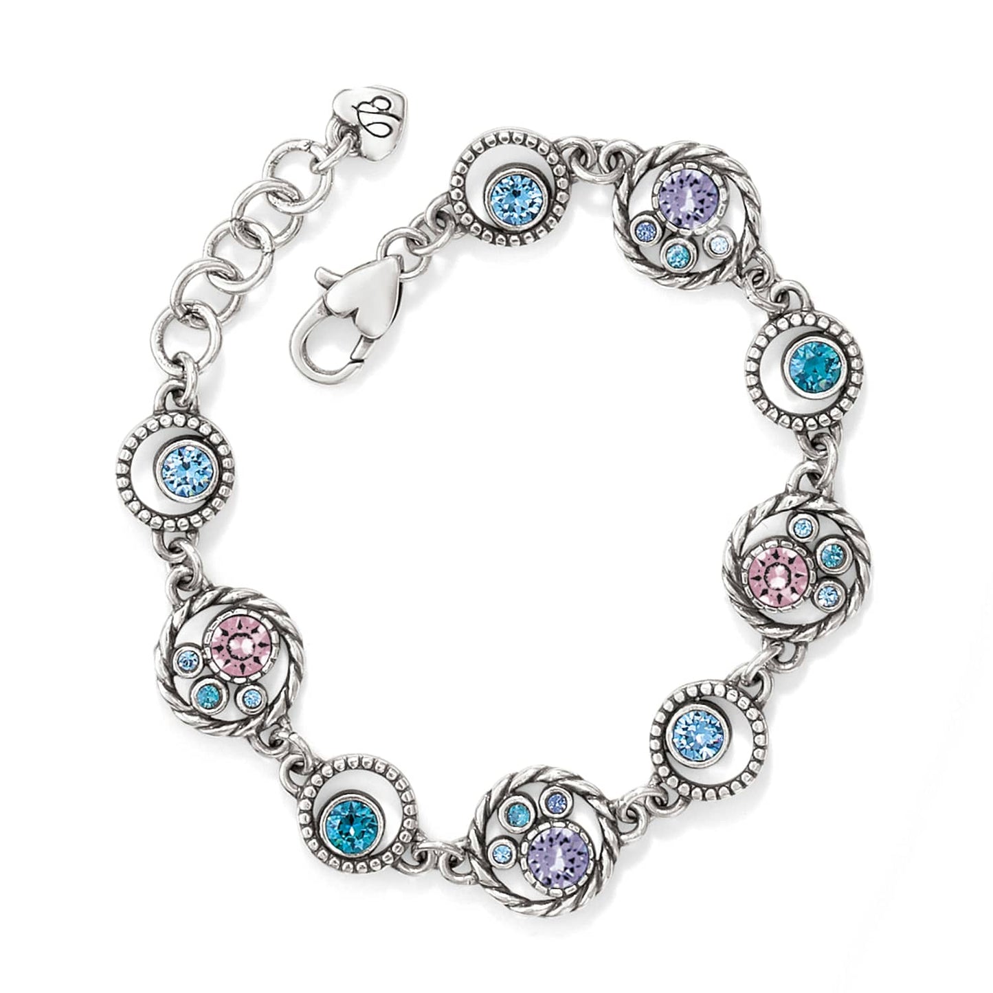 Brighton silver-plated bracelet with circular links featuring blue, pink, and purple crystals on a white background