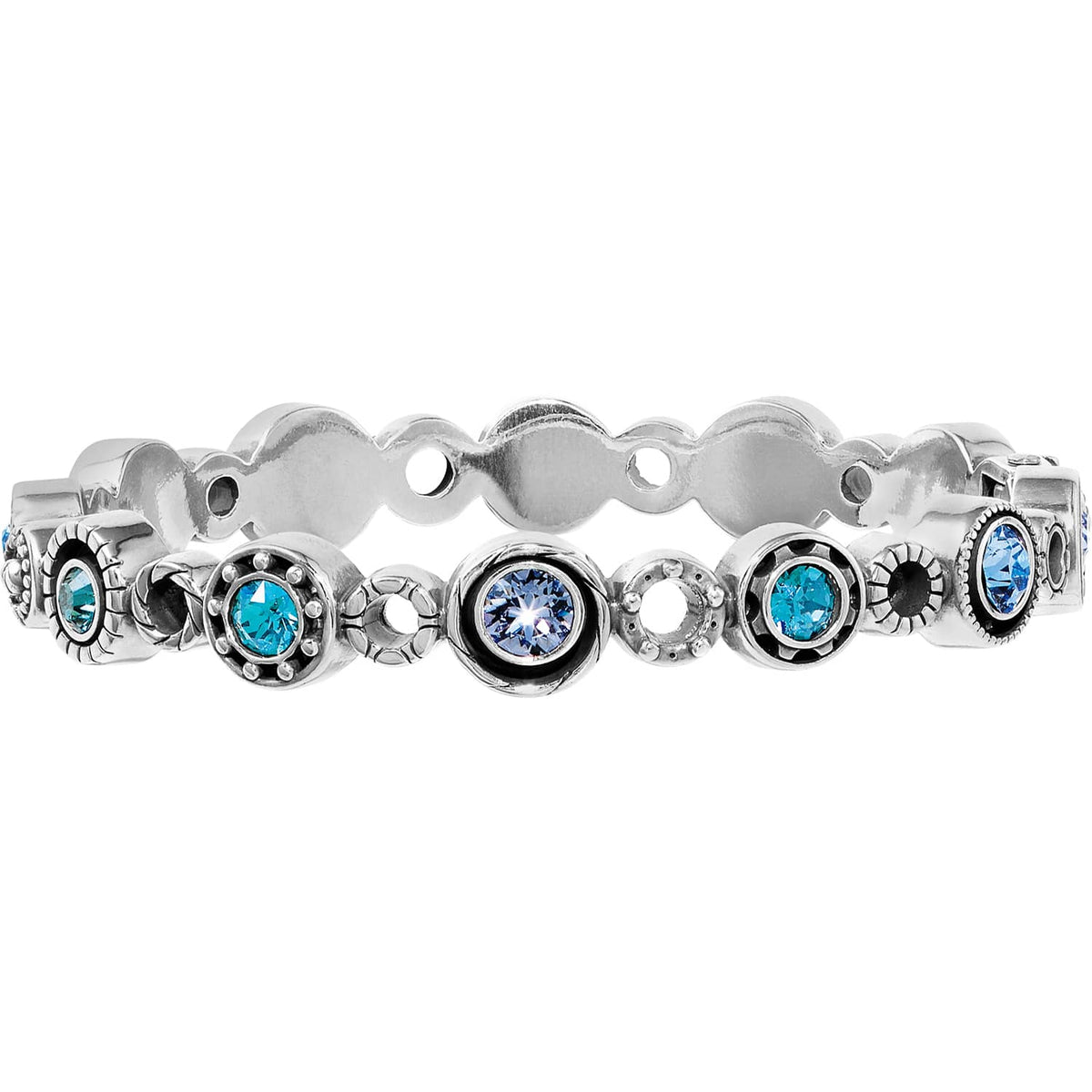 Brighton silver-plated bangle bracelet with alternating blue and aqua crystals in beaded round settings on a white background