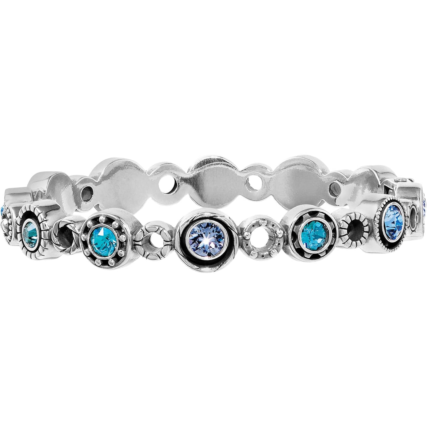 Brighton silver-plated bangle bracelet with alternating blue and aqua crystals in beaded round settings on a white background