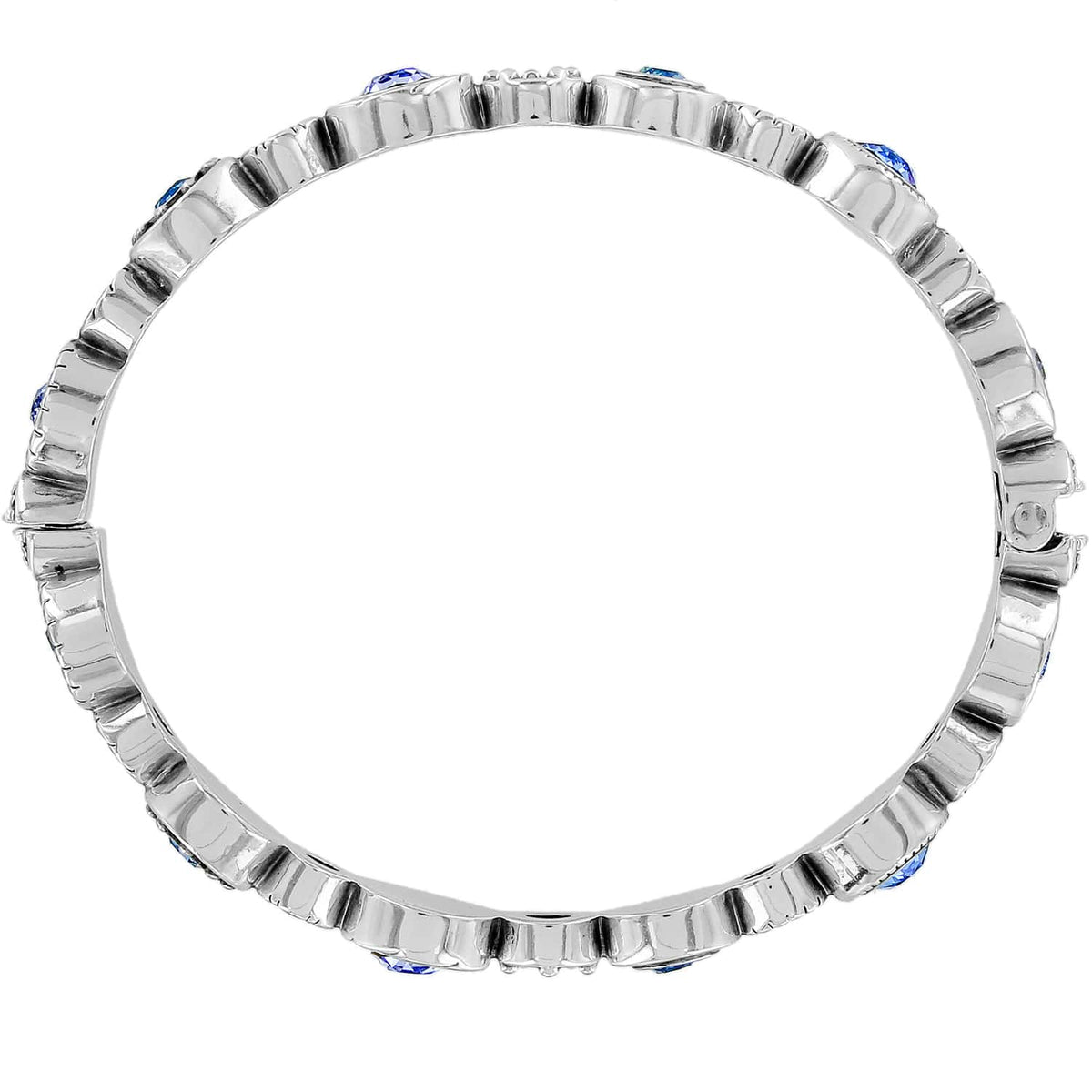 Brighton bangle bracelet shown from the side with silver-plated textured band and blue crystal accents on a white background