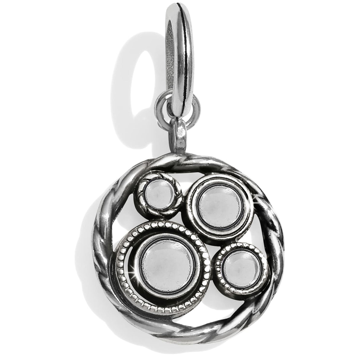 Brighton charm with silver-plated twisted rope border and four circular disc accents on a white background