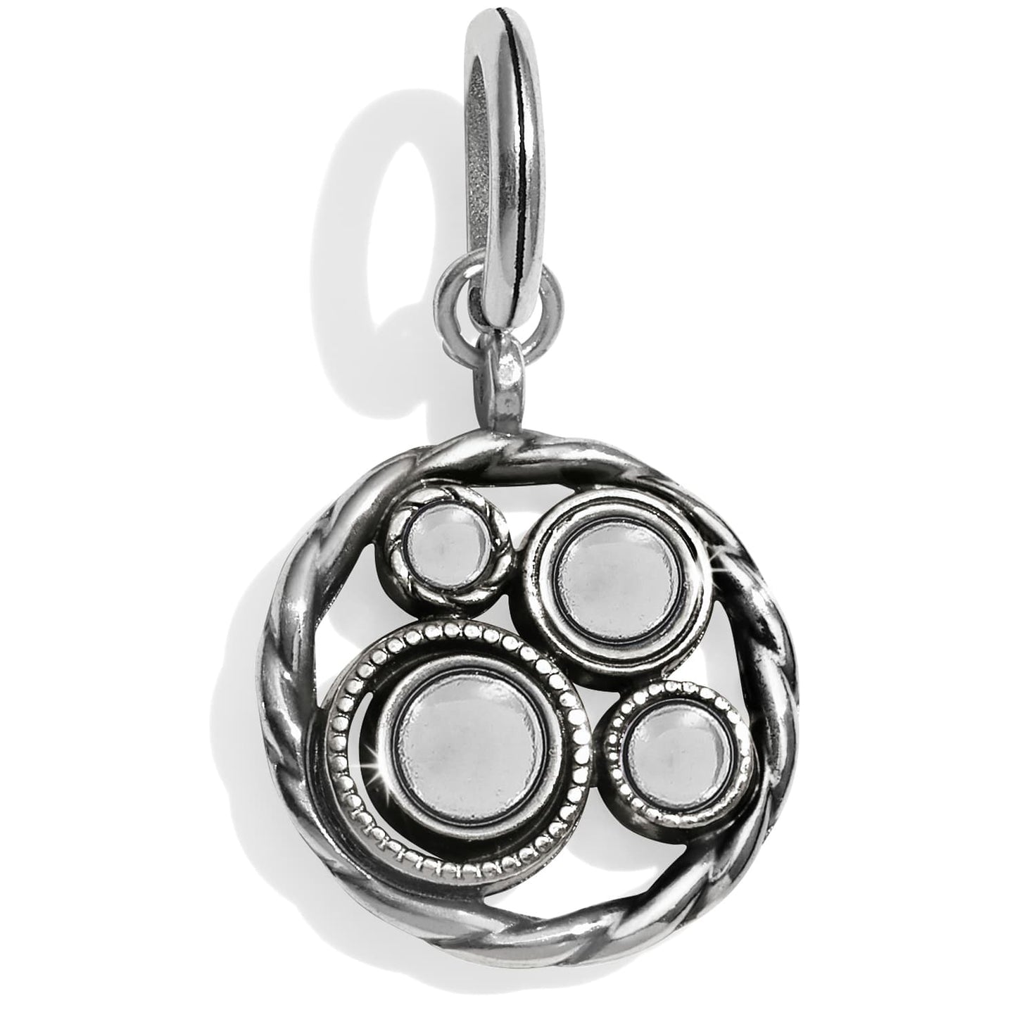 Brighton charm with silver-plated twisted rope border and four circular disc accents on a white background