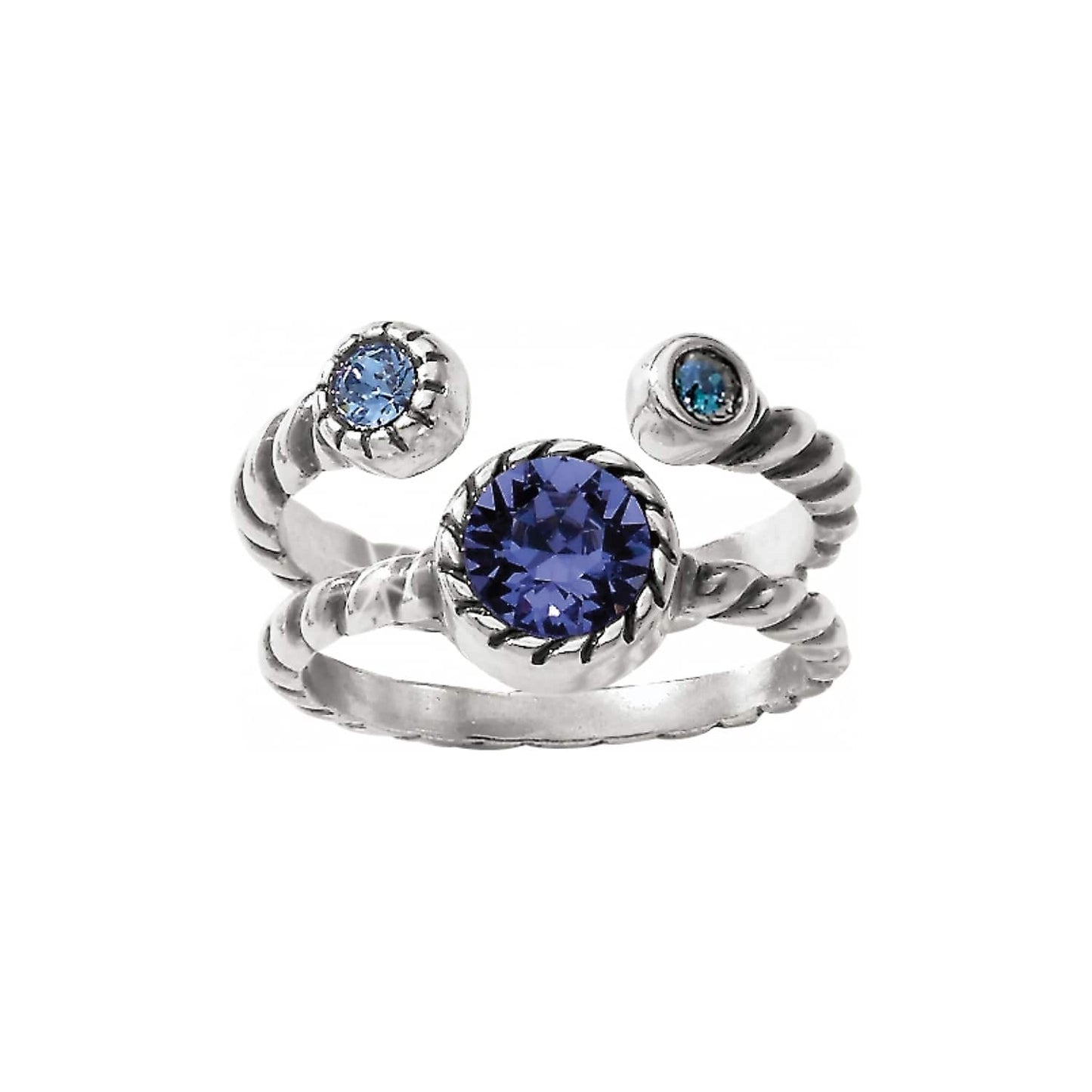 Brighton silver-plated ring with three blue crystals in twisted rope band setting on a white background
