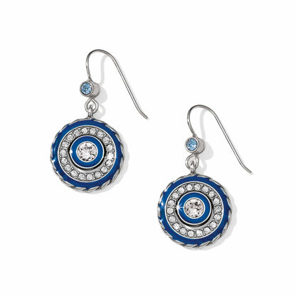 Brighton drop earrings with blue enamel, crystal accents, and silver-plated rope-edge circular design on a white background