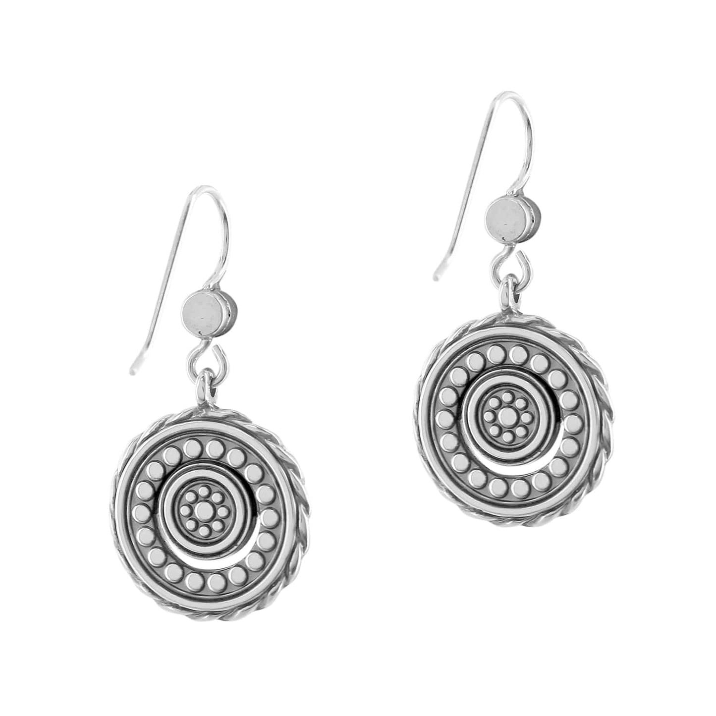 Brighton drop earrings with silver-plated concentric circle medallions featuring beaded and rope textures on a white background