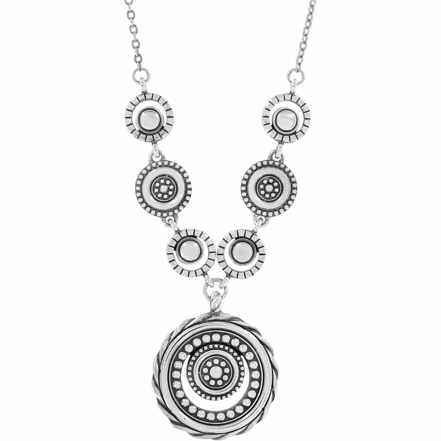 Brighton pendant necklace with silver-plated beaded medallion charms and a large circular pendant on a white background