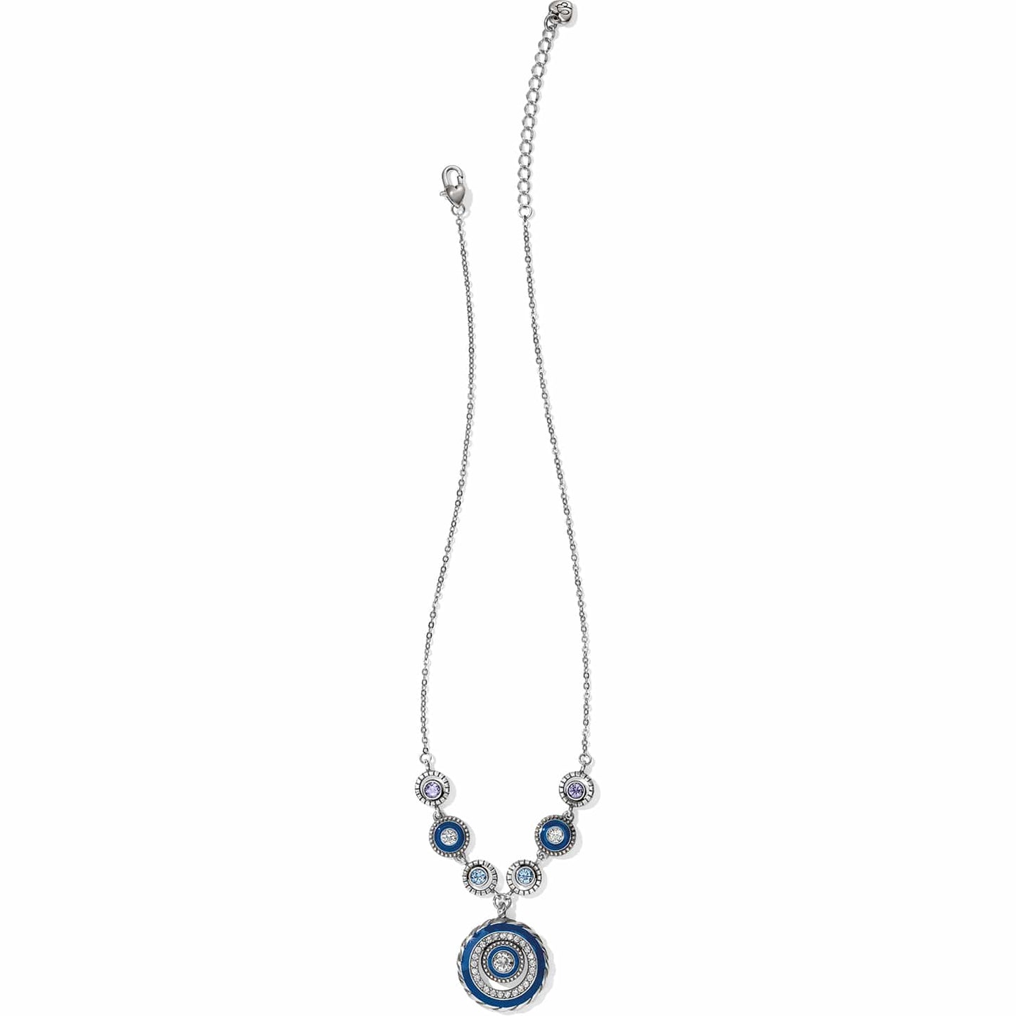 Brighton pendant necklace with silver-plated chain, blue enamel circles, and crystal accents on a white background