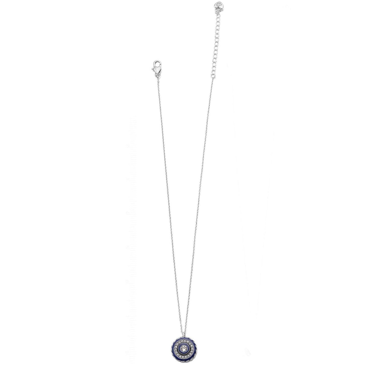 Brighton pendant necklace with silver-plated chain and round blue enamel pendant with crystal accents on a white background