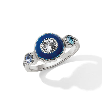Brighton silver-plated ring with round blue enamel center, clear crystal, and light blue crystal accents on a white background