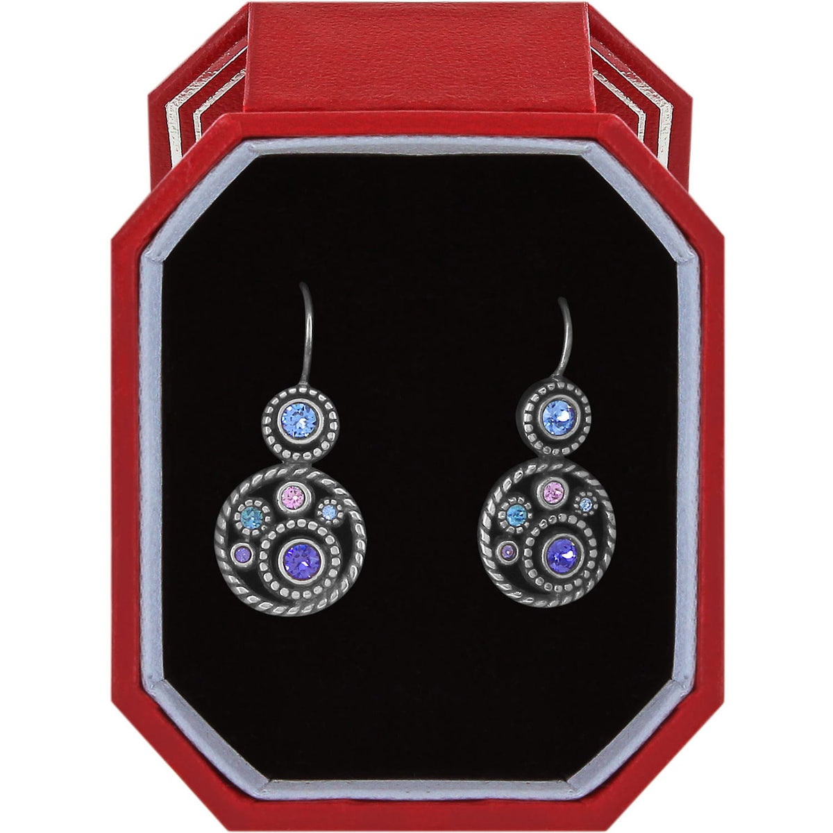 Brighton drop earrings with blue, purple, pink, and aqua crystals in silver-plated circles displayed in red gift box