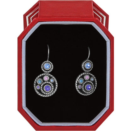 Brighton drop earrings with blue, purple, pink, and aqua crystals in silver-plated circles displayed in red gift box