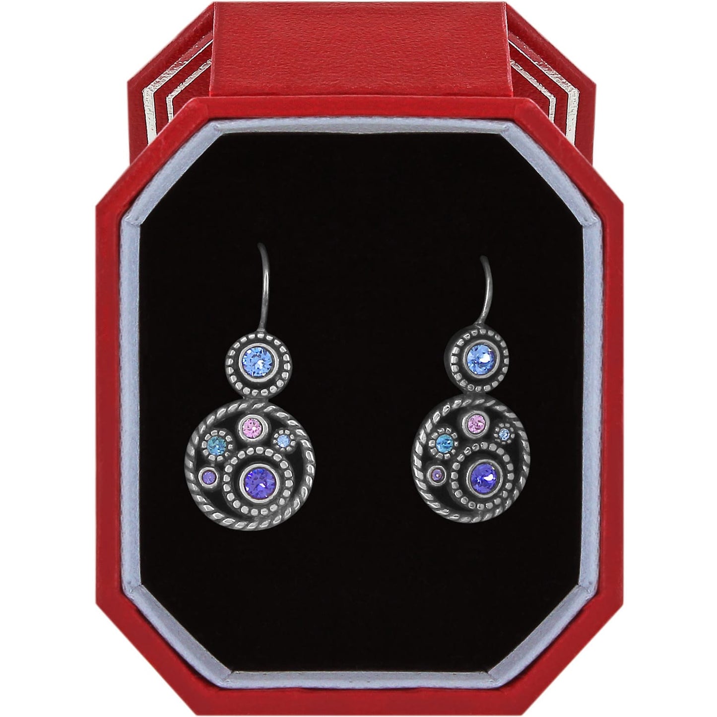 Brighton drop earrings with blue, purple, pink, and aqua crystals in silver-plated circles displayed in red gift box