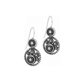 Brighton drop earrings with silver-plated circular medallions featuring beaded and rope-textured detailing on a white background