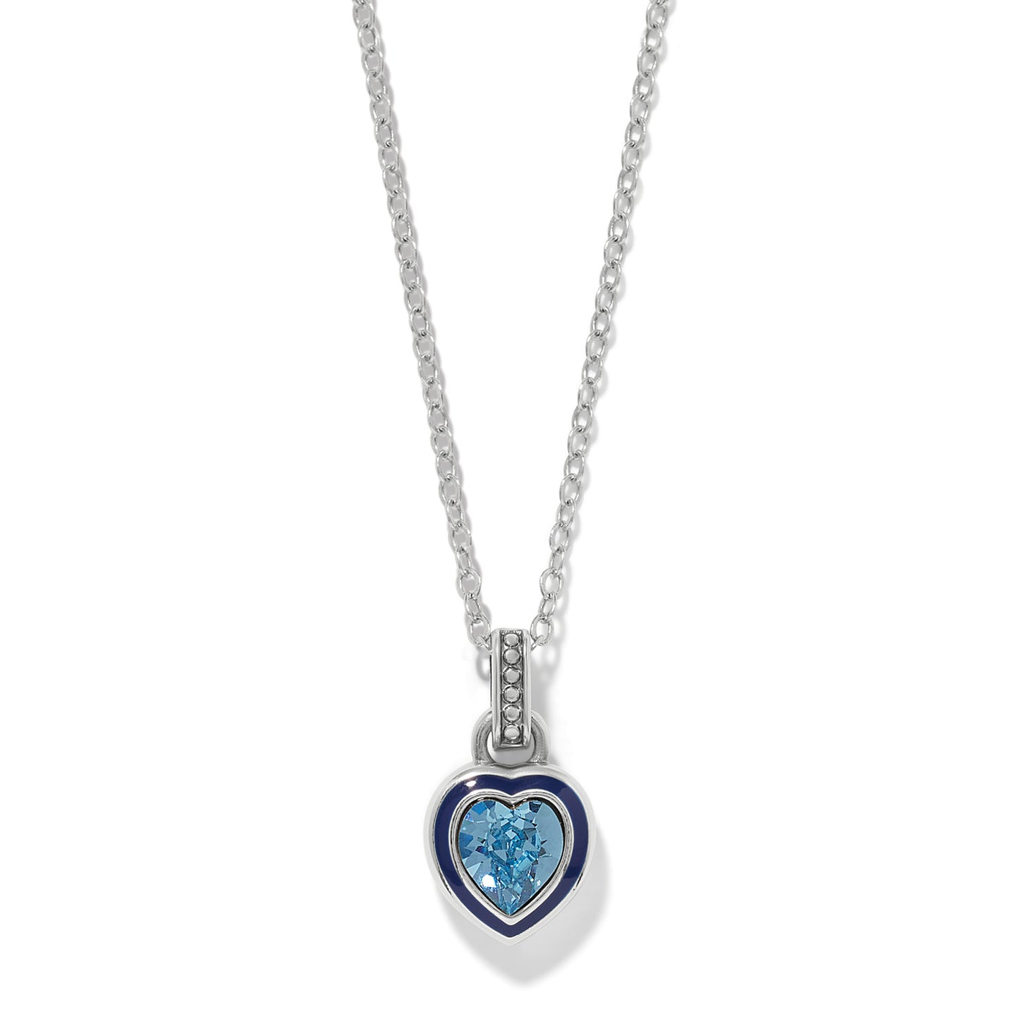 Brighton pendant necklace with blue crystal heart, navy enamel border, and silver-plated chain on a white background