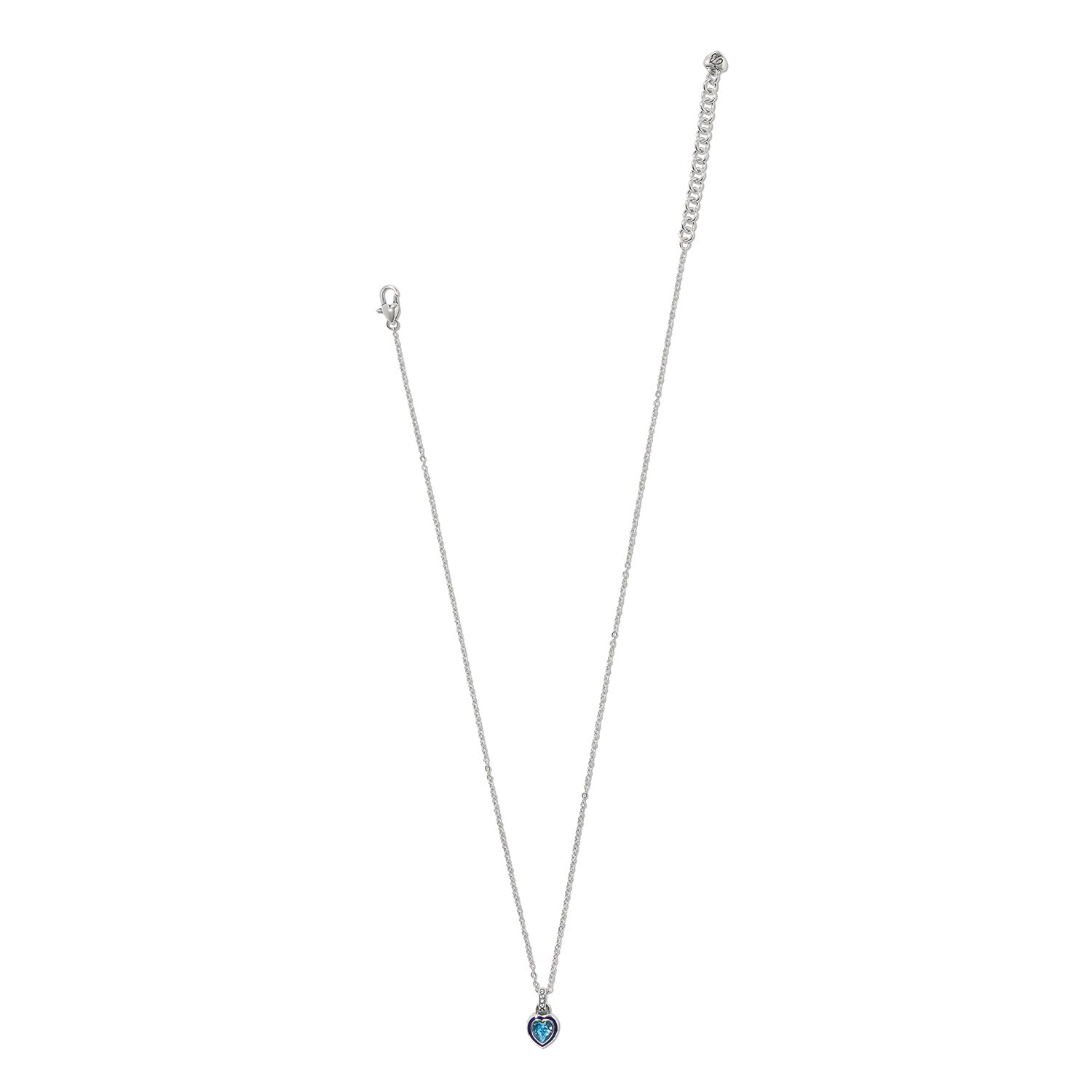 Brighton silver-plated heart pendant necklace with blue crystal and enamel accent shown with adjustable chain on a white background