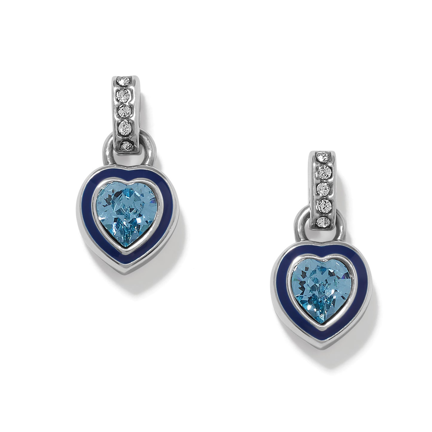 Brighton drop earrings with blue crystal hearts, navy enamel borders, and silver-plated crystal bars on a white background