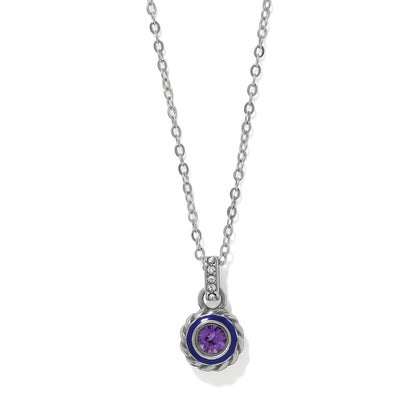 Brighton pendant necklace with purple crystal, blue enamel border, silver-plated rope frame, and crystal bail on a white background