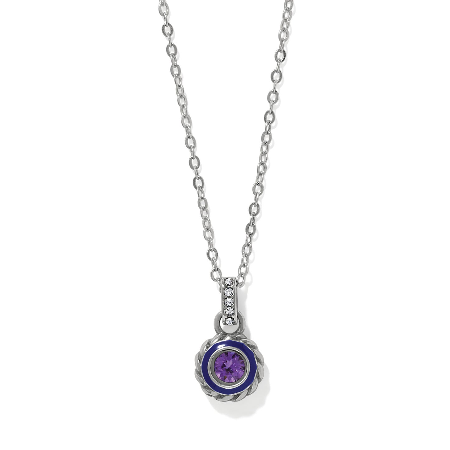 Brighton pendant necklace with purple crystal, blue enamel border, silver-plated rope frame, and crystal bail on a white background