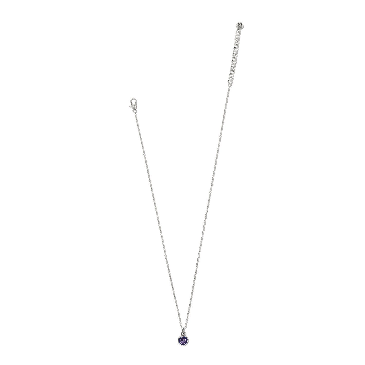 Brighton silver-plated pendant necklace with round purple crystal drop and lobster clasp on a white background