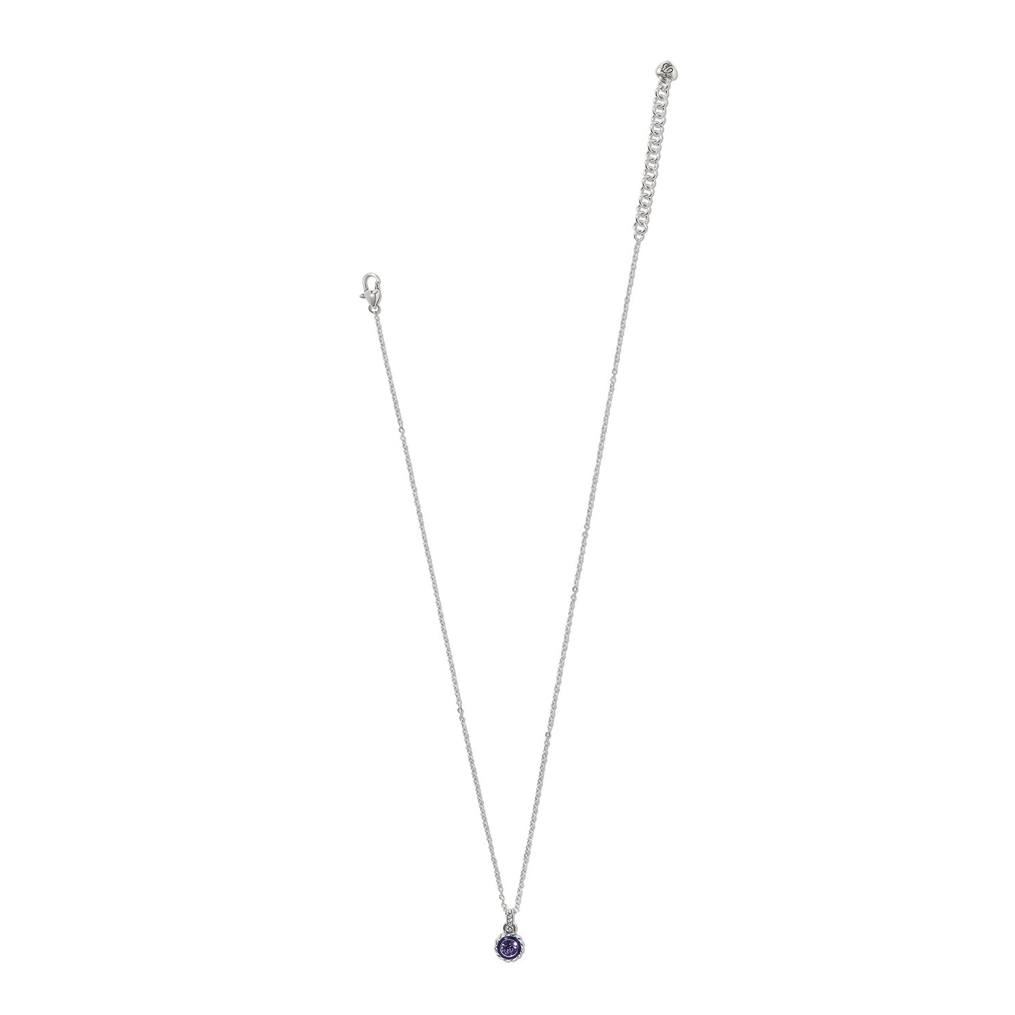 Brighton silver-plated pendant necklace with round purple crystal drop and lobster clasp on a white background