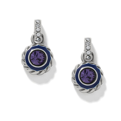 Brighton drop earrings with purple crystals, blue enamel accents, and silver-plated rope detail on a white background