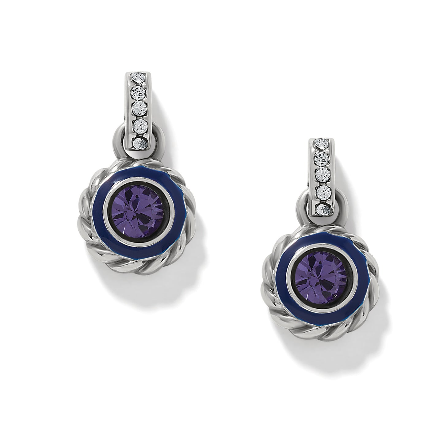 Brighton drop earrings with purple crystals, blue enamel borders, silver-plated rope trim, and crystal accents on a white background