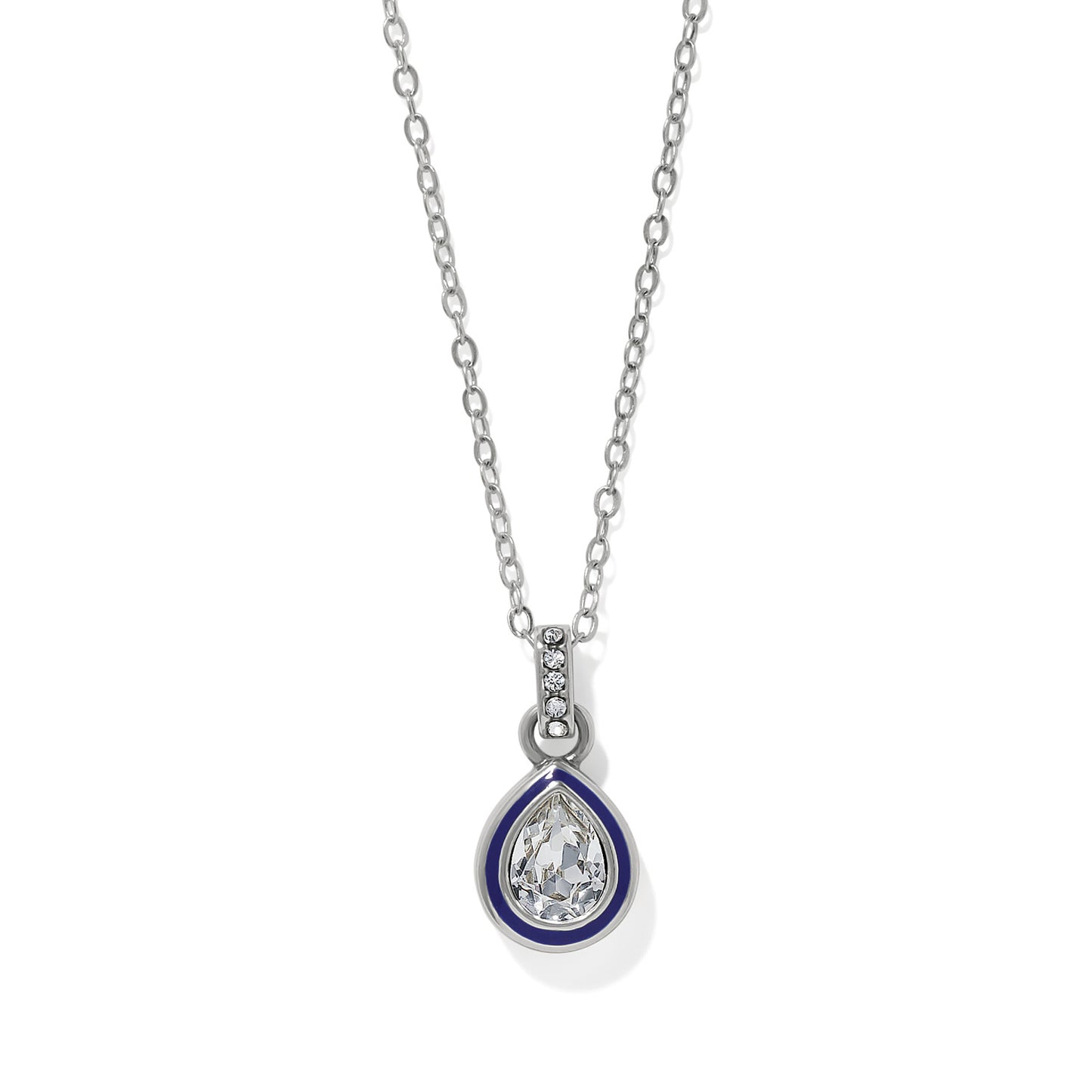 Brighton pendant necklace with teardrop crystal, blue enamel border, and silver-plated chain on a white background