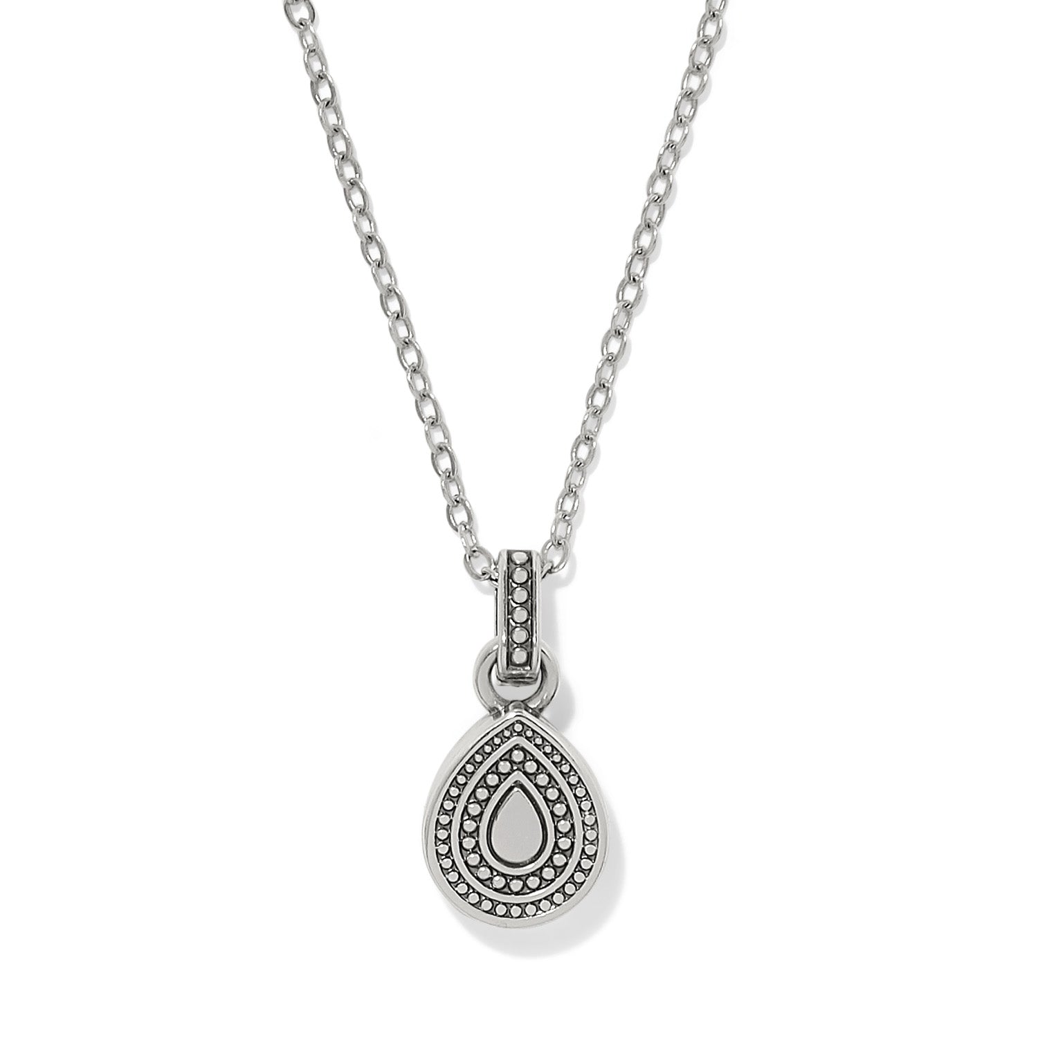 Brighton pendant necklace with silver-plated teardrop charm and beaded textured detail on a white background