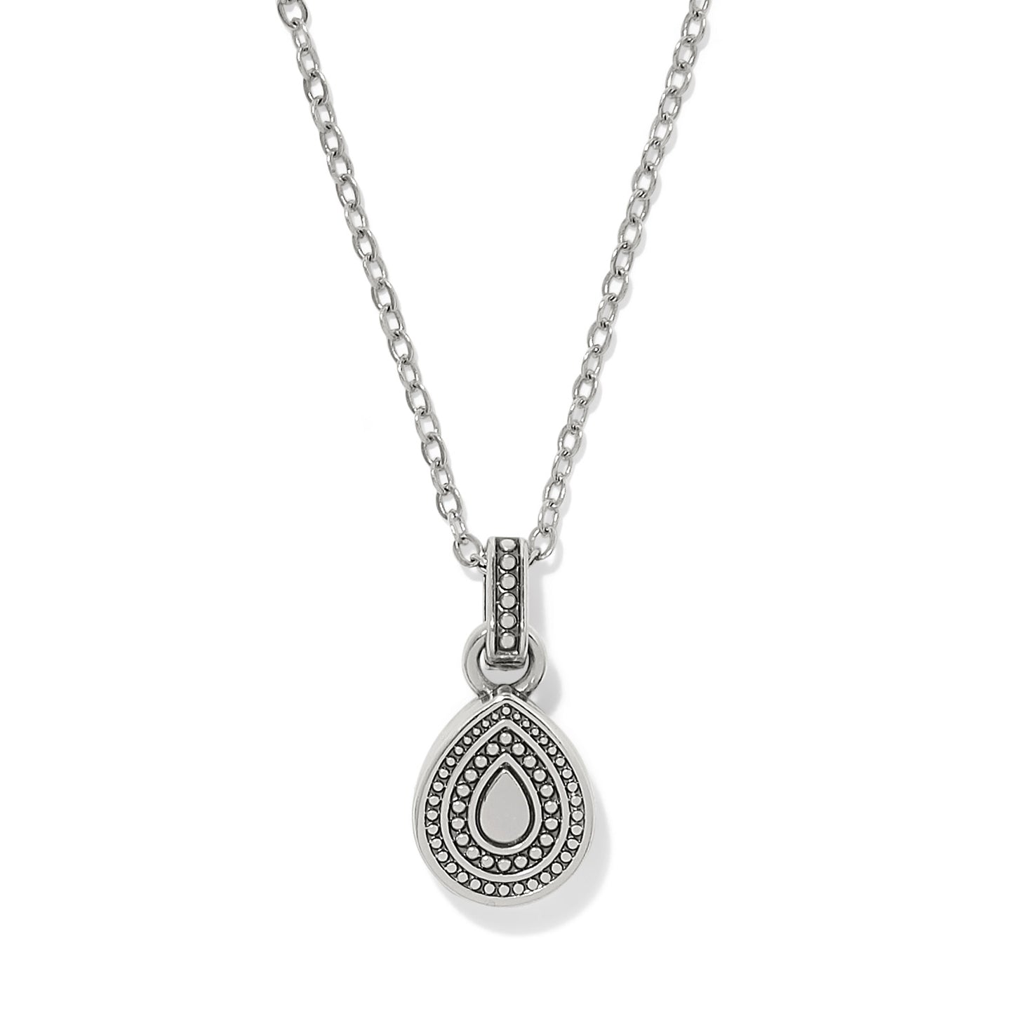 Brighton pendant necklace with silver-plated teardrop charm and beaded textured detail on a white background