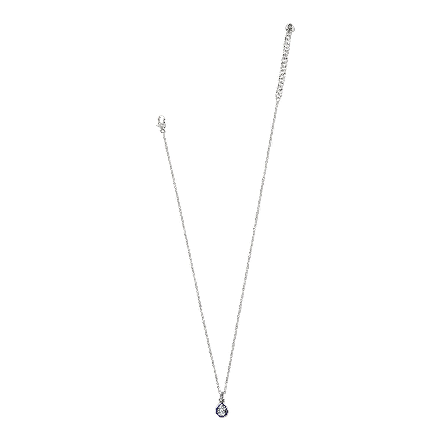Brighton pendant necklace with silver-plated chain, crystal teardrop stone, and blue enamel bezel on a white background