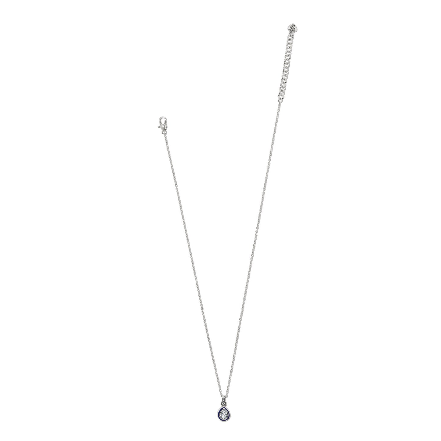 Brighton pendant necklace with silver-plated chain, crystal teardrop stone, and blue enamel bezel on a white background