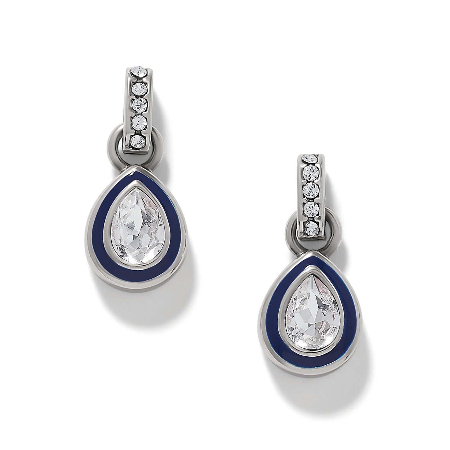 Brighton drop earrings with pear-shaped crystals, navy enamel borders, and silver-plated crystal bars on a white background